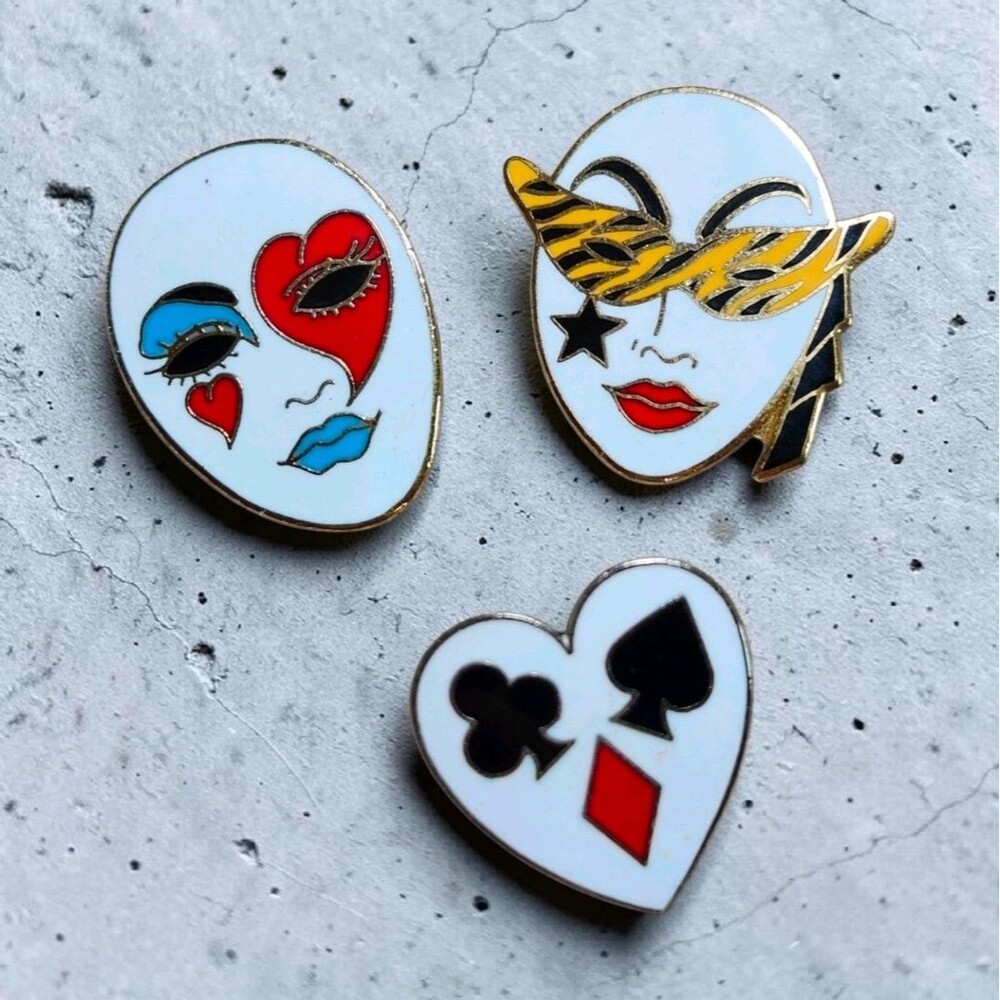 Vintage 80s Enamel Pin Set 3 Face Mask Playing Card Heart Gift Creations Taiwan